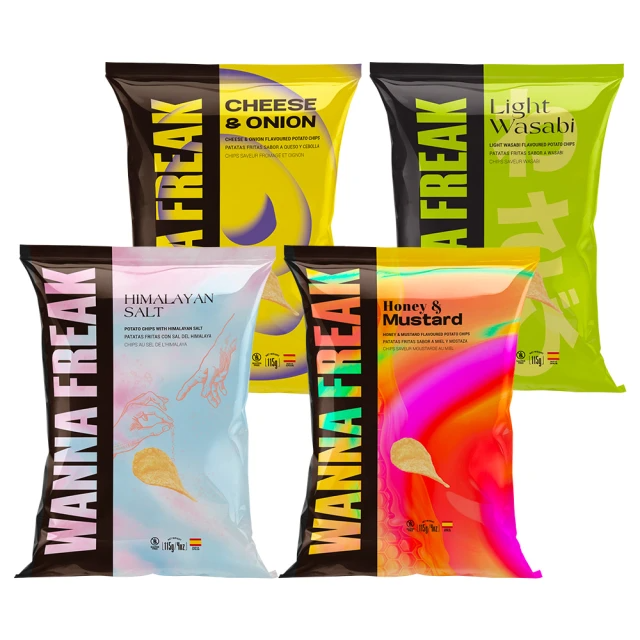 西班牙 Wanna Freak 無麩質薄脆洋芋片 115g (喜馬拉雅粉紅鹽、起司洋蔥、蜂蜜芥末、日式山葵-口味任選)