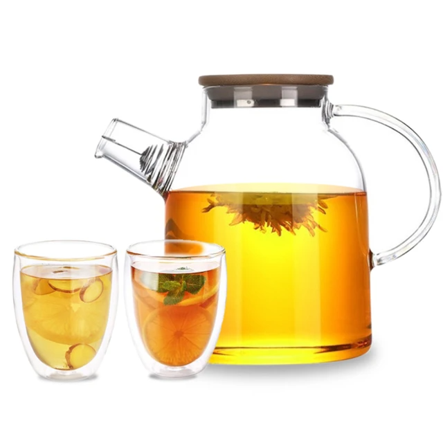 日本FOREVER 日式竹蓋耐熱玻璃把手花茶壺(1800ml)+雙層隔冰耐熱玻璃杯(250ml)×2入