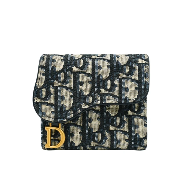 Dior 迪奧 Oblique Saddle Lotus 緹花釦式三折短夾(藍)