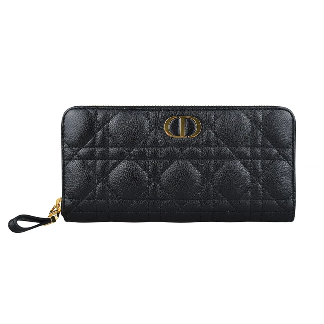 DIOR CARO 金字LOGO拉鍊8卡藤格紋小牛皮長夾