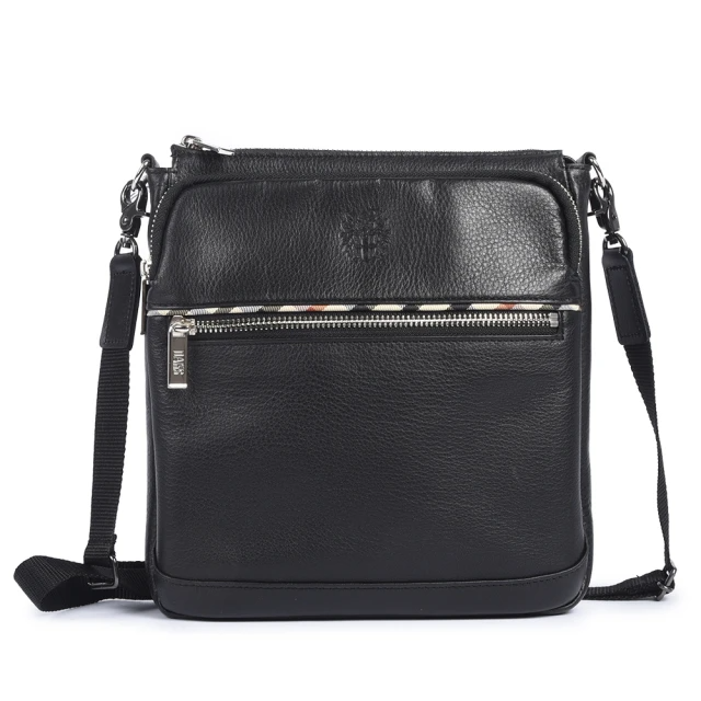 DAKS 經典圖騰LOGO格紋飾邊質感牛皮小型郵差包(黑色)