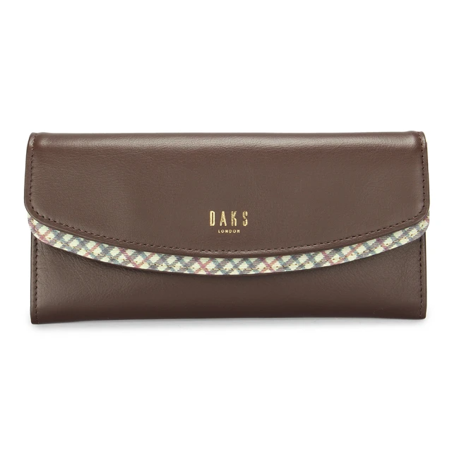 DAKS 燙金LOGO牛皮細格紋雙層壓釦長夾(深咖啡)