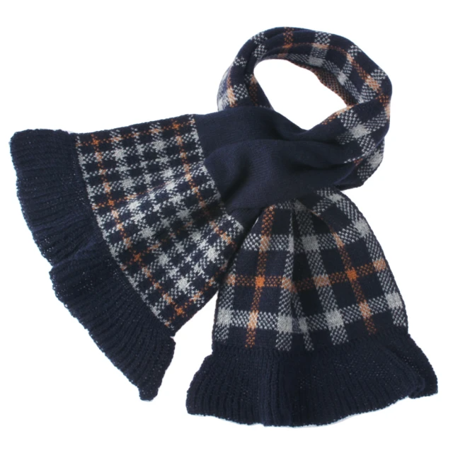 DAKS 格紋針織羊毛荷葉邊圍脖圍巾(深藍)