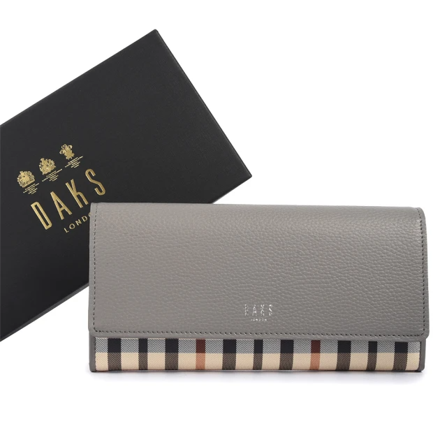 DAKS 英倫格紋PVC拼接荔枝紋皮革壓釦長夾(灰色)