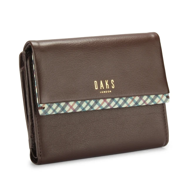 DAKS 燙金LOGO牛皮細格紋壓釦短夾(深咖啡)