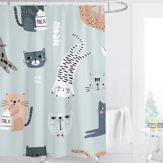 All In Home 窩在家 文創防水防霉浴簾、快樂貓貓 (附掛環)