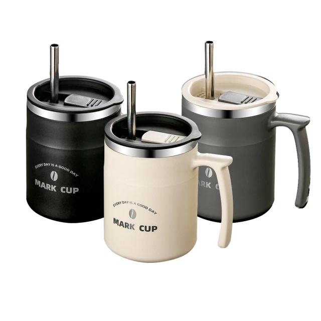 SUNORO 304不銹鋼馬克杯 帶蓋家用/辦公咖啡杯 雙層水杯480ML（帶吸管）