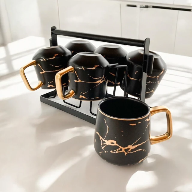 Royal Duke 霧光大理石紋馬克杯/芙蕾環金咖啡杯碟六入組-附杯架