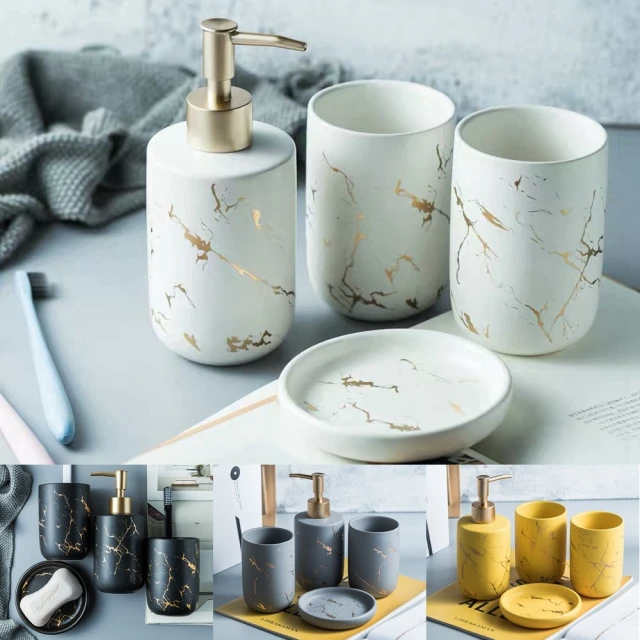 輕奢大理石紋陶瓷衛浴四件組套裝 (黑色款、300ml)