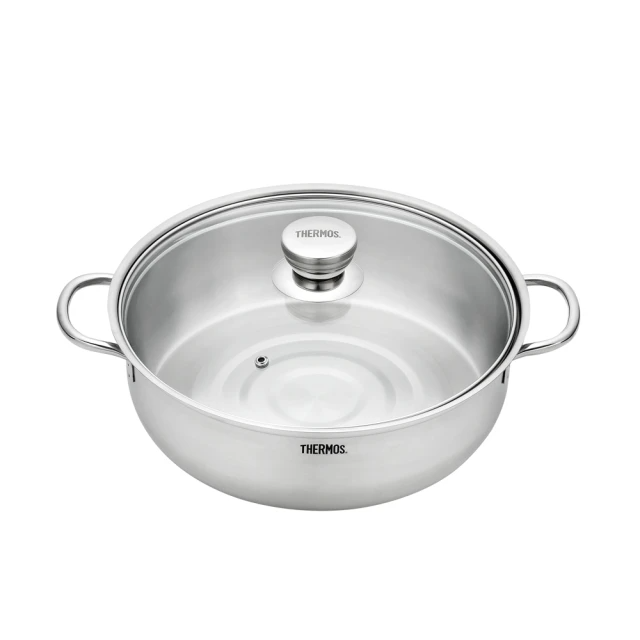THERMOS膳魔師 不鏽鋼含玻璃上蓋雙耳湯鍋火鍋28cm