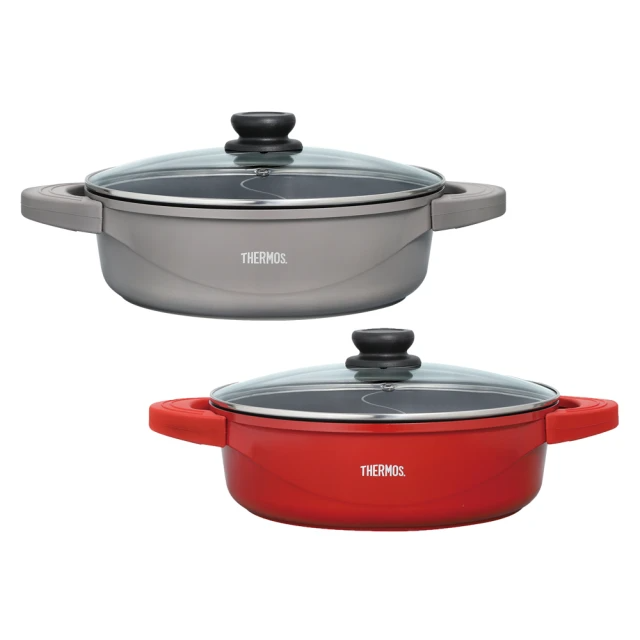 THERMOS膳魔師 巧易不沾鍋雙耳附蓋壓鑄鴛鴦火鍋28cm