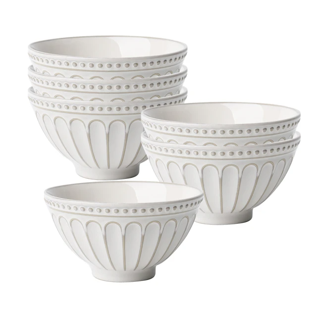 Just Home 霧白輕奢條紋陶瓷飯碗餐盤6件組