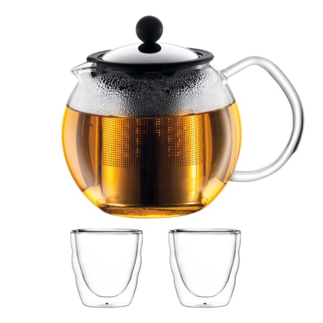 Bodum 壓濾式茶壺-500cc+雙層玻璃杯組80cc