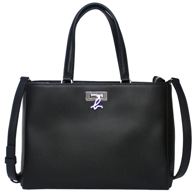 agnes b. 新款前夾層金屬小b釦皮革肩背手提/斜背兩用包(黑)