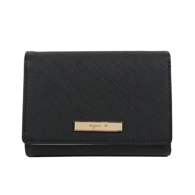 agnes b. Voyage琺瑯logo防刮皮革中夾(外層黑色、內層米色)